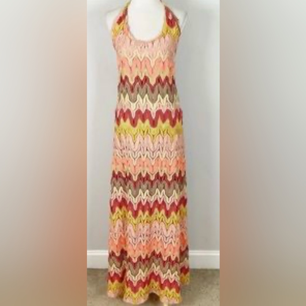 Y2K Judith March Orange/Pink/Yellow zig zag maxi halter dress.Size L